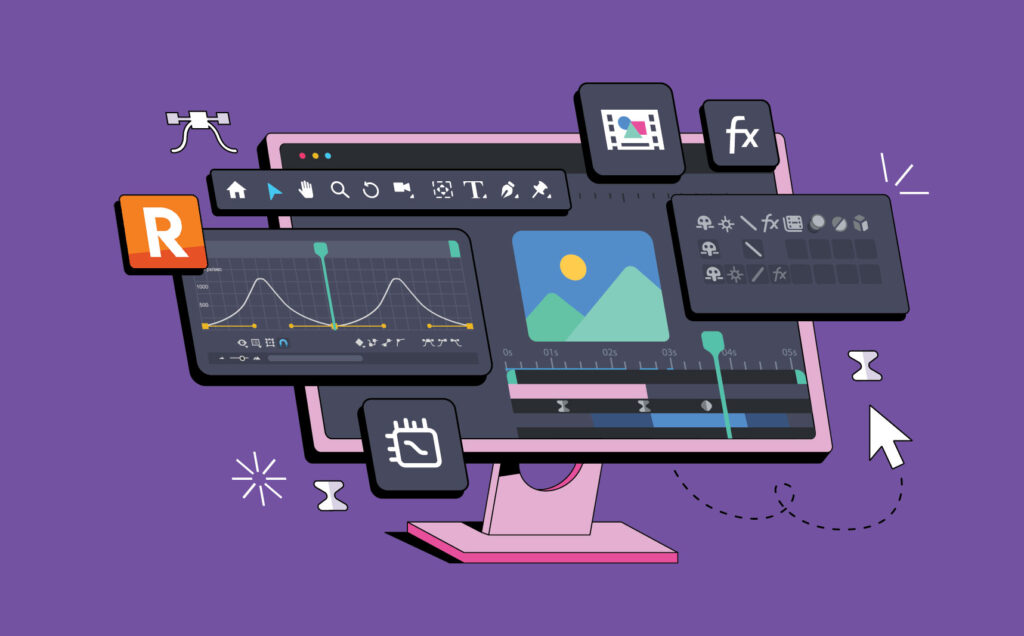 Illustration of a Richmond Concept graphic design dashboard displayed on a computer screen, featuring design tools, editing panels, and creative elements such as graphs, images, effects, and typography, symbolizing the versatility and technical capabilities of the Richmond Concept freelance design team.